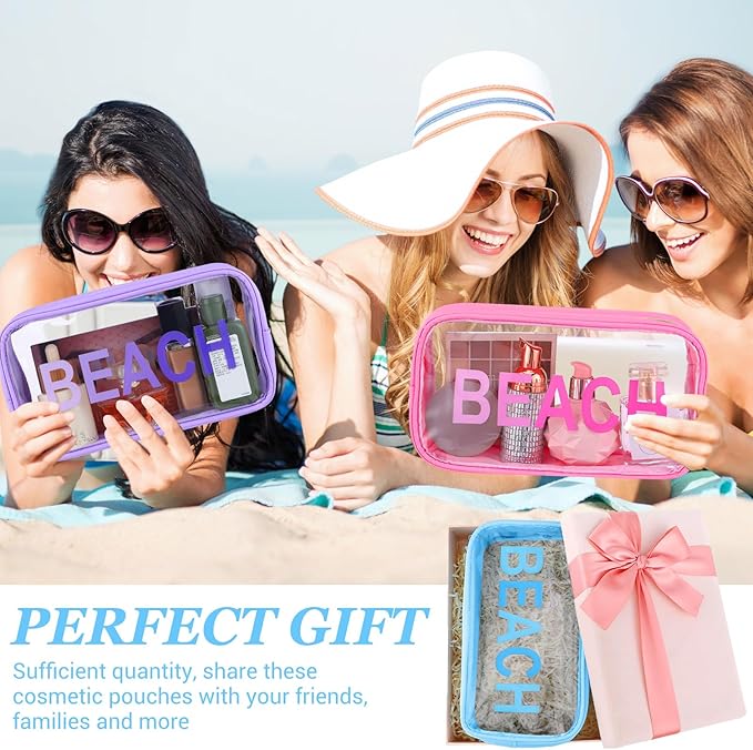 Cunno 6 Pcs Clear Beach Makeup Bag Beach Vacation Essentials Nylon Clear Travel Pouch Cosmetic Sunscreen Bags Swim Pouch Waterproof PVC Organizer Summer Travel Toiletry Case for Women
