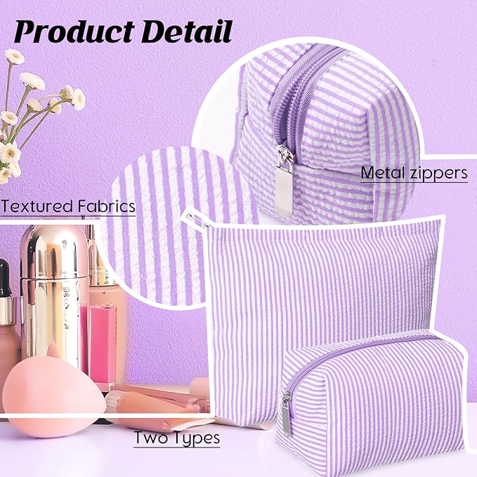2 Pcs Makeup Bag Set Cute Cosmetic Pouch for Women Seersucker Travel Toiletry Bag Preppy Small Makeup Purse Pouch Aesthetic Skincare Brushes Storage Organizer for Valentine Women(Purple)