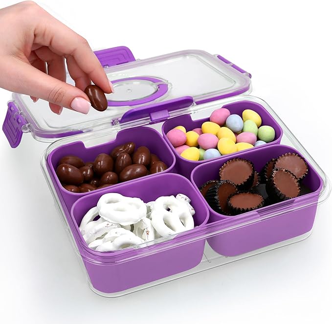 Snackle Box Container with Lid- Travel Charcuterie Box with Handle - Organizer for Candy, Fruit, Nuts, Veggies, Snacks, Beach Essentials, Portable Lunch Box (Purple, Small)