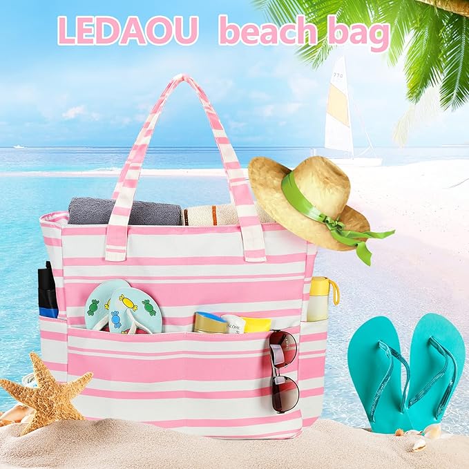 LEDAOU Beach Bag Waterproof Sandproof Women Beach Tote Pool Bag with Zipper for Swim Gym Grocery Travel with Wet Pocket | Sandproof, with Zipper, for Gym, Grocery, Travel, with Wet Pocket