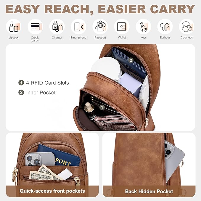 Anti Theft Crossbody Bags for Women, RFID Sling Bag Travel Purse, RFID Cross Body Purses Chest Bag for Travel Brown