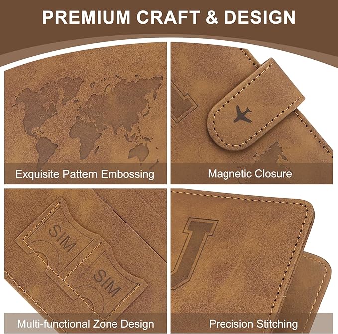 Personalized Passport Holder – Initial Letter Passport Cover with RFID Blocking, Holds 2 Passports, Slim PU Leather Unisex Travel Wallet, Brown P