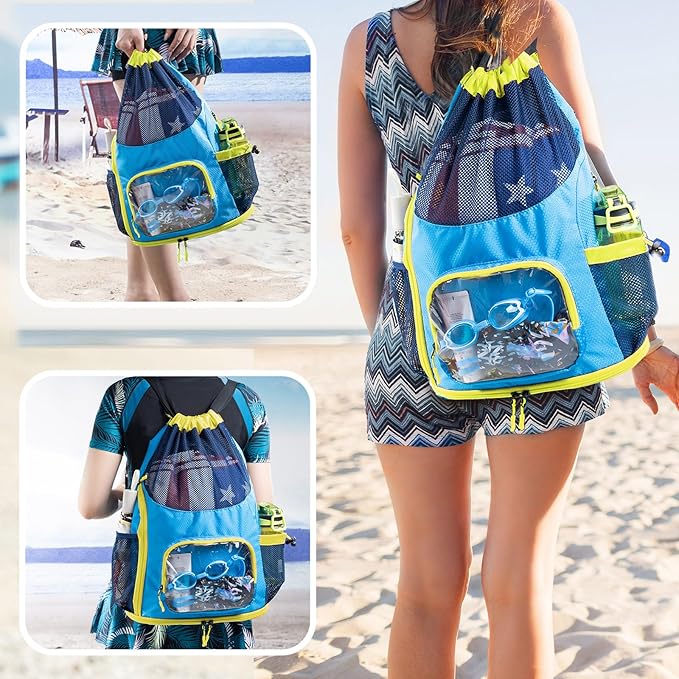 Drawstring Backpack Sandproof - Mesh Backpack Beach Bag with Shoe Compartment - Swim Bag for Beach, Pool - Pool Bag with Pockets for Toiletries - Wet Bag for Swimsuit - Summer Camp Essentials
