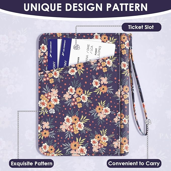 Passport Holder, Passport Holder For Travel, Passport Cover For Travel Essentials, Passport Wallet Cover RFID Blocking, Cute Passport Book for Women and Men, Navy Blue Flowers