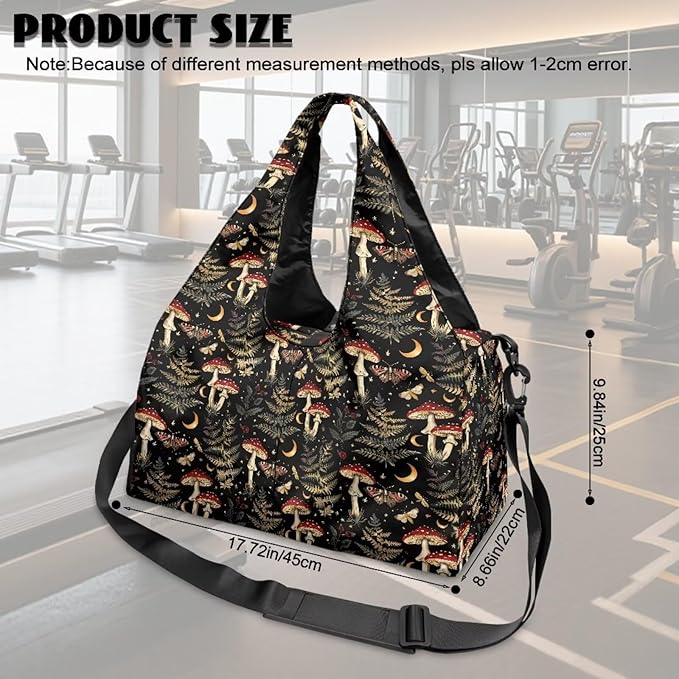 Mushroon Forest Butterfly Womens Gym Bag with Shoes Compartment Lightweight Carry On Bag Travel Luggage Sports Workout Swim Beach Weekender Overnight Bags for Women Gifts