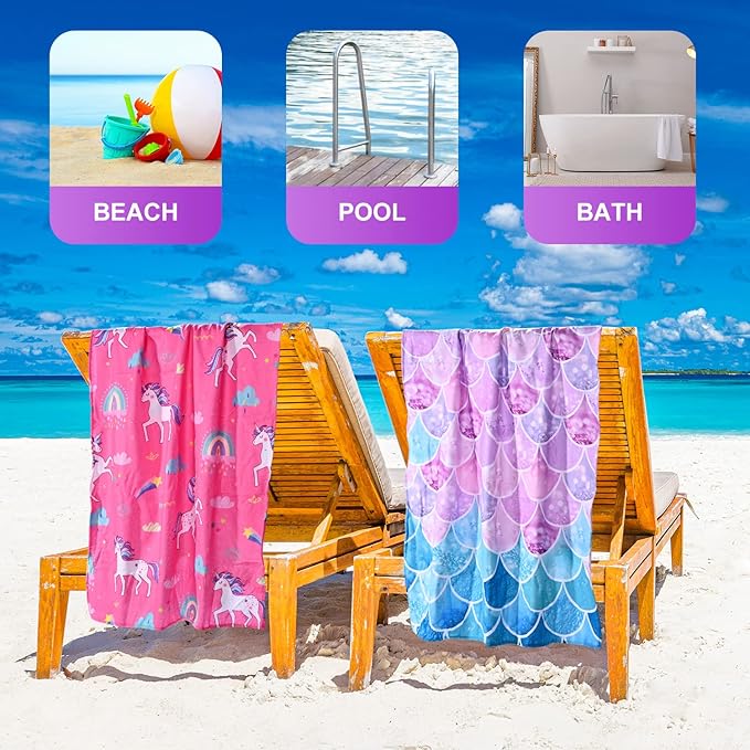 LIVILAN Pink Unicorn Rainbow Beach Towel, Perfect for Kids, Girls, Women, Soft Microfiber Bath, Pool, Swimming Towel, Thin, Quick Dry, Sand Free, Oversized 30" x 60", Cute Unicorn Gifts