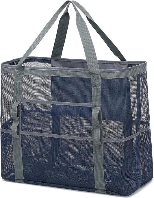 Mesh Beach Bag, Large Beach Tote with Zipper Pocket, Toys Pool Bag for Family Travel Vacation Cruise Essentials