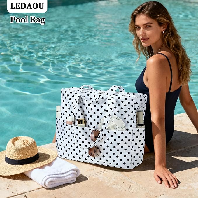 LEDAOU Large Beach Bag Women Waterproof Sandproof Zipper Beach Tote Pool Bag for Swim Gym Grocery Travel with Wet Pocket | Waterproof, Sandproof, Zipper, Pool, Gym, Grocery