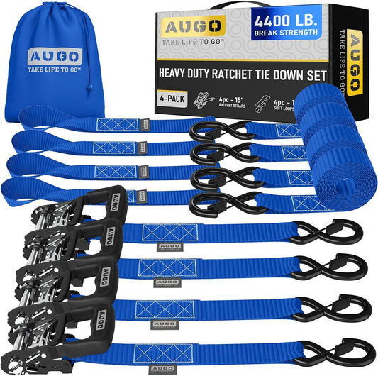 AUGO Heavy Duty Ratchet Straps & Soft Loops – Pack of 4 Extra Strong 1.5” by 15’ Ratchet Straps w/S-Hook Safety Latches & 4 Soft Loop Tie Downs – 4400Lb Break Strength for Motorcycles, ATVs, Etc.
