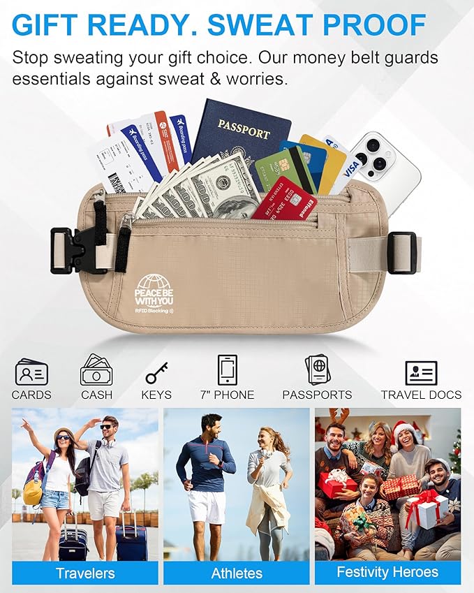 Hidden Money Belt for Travel, RFID Blocking, Sweat-Proof, Heavy-Duty Buckle, 3rd Gen Waist Wallet Anti Theft to Protect Cash, Credit Cards and Documents Under-Clothes for Men & Women, Beige