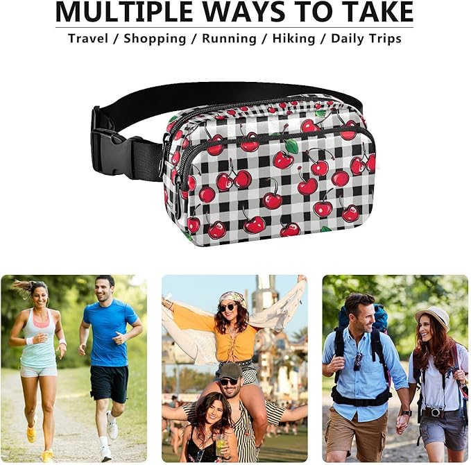 Cherry Fruit Black White Checkered Plaid Fanny Pack for Women Men Water Resistant Fashion Waist Packs with Adjustable Strap Belt Bag for Travel Workout Jogging Hiking 21219423