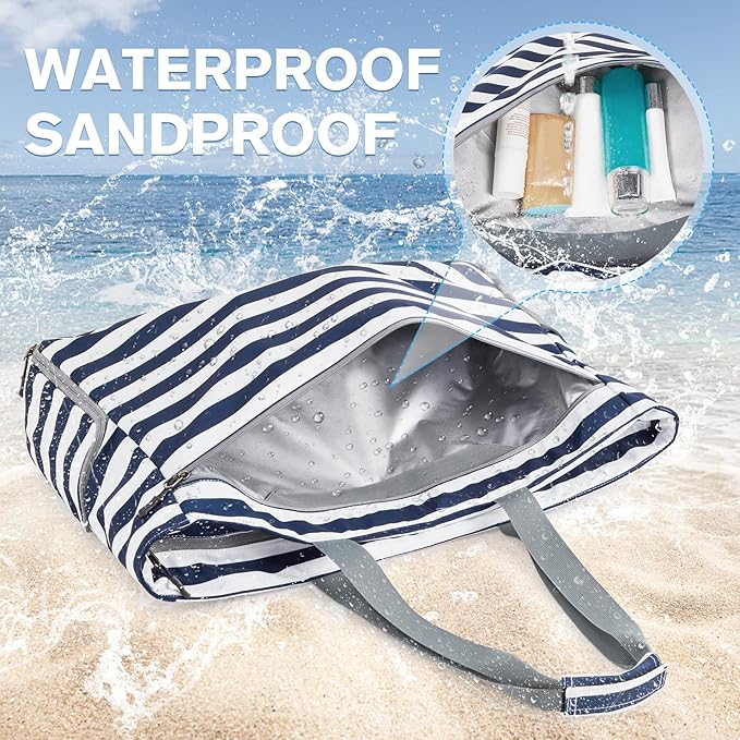 G4Free Large Beach Bag, Foldable Tote with Zipper, Waterproof Sandproof Pool Bag