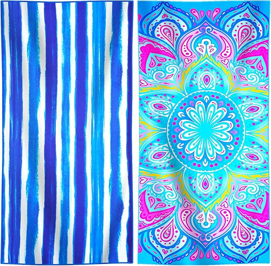 2 Packs Lightweight Thin Microfiber Beach Towel Oversized Quick Dry Compact Sandproof Clearance Towels Sand Free Camping Swimming Pool Easy Pack Travel Accessories Women Adults Striped Bohemian