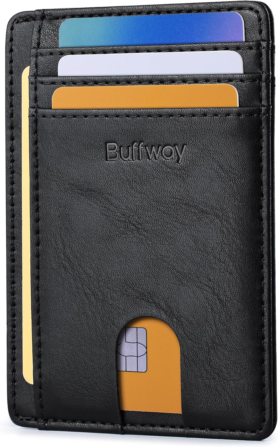 Buffway Slim Minimalist Front Pocket RFID Blocking Leather Wallets for Men and Women - Slate Black