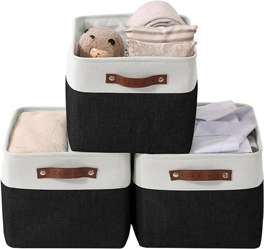 DECOMOMO Storage Baskets for Shelves - Fabric Storage Bins, Linen Closet Organizers and Storage (Black & White, Large - 3 Pack)
