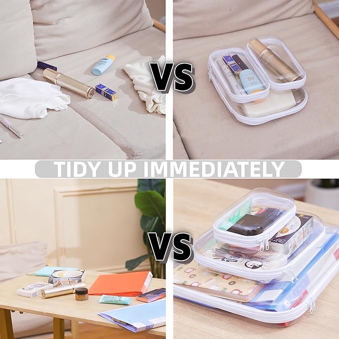 3PCS Clear Hard Plastic Zipper Case, Double Zippers Hard Pouch, Portable Travel Organizer Bin Clear Makeup Bag for Toy Storage, Snack Bag, Cosmetics, Pencil Case, Diaper Bag,Toiletry Bag(3PCS-M-Black)