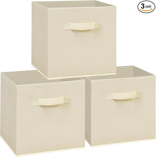 11 Inch Fabric Storage Cubes, Sturdy Foldable Storage Bins, Heavy Duty Cube Organizer for Clothes, Blankets, Shelves, Closets, Bedroom, Living Room, Beige, 3 Pack
