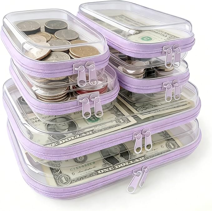 6Pcs/2M+4S Clear Hard Shell Zippered Travel Case – Plastic Organizer Pouch for Toiletries, Cosmetic Bag, Diaper Bag & Packing Accessories (Purple, Set C)