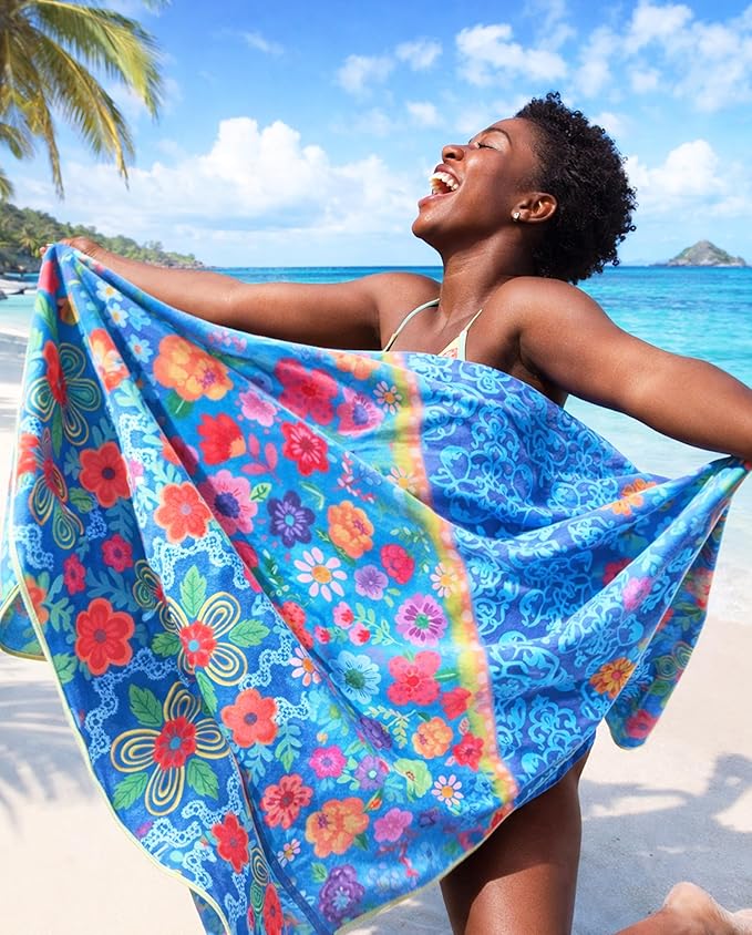 Microfiber Beach Towel Oversized 71X32" Thin, Large, Reversible, Lightweight, Quick Dry, Sand Free, Absorbent, Swim, Pool, Cruise, Compact Travel Towel, Camping, Beach Blanket, Carry Bag, Boho, Flower