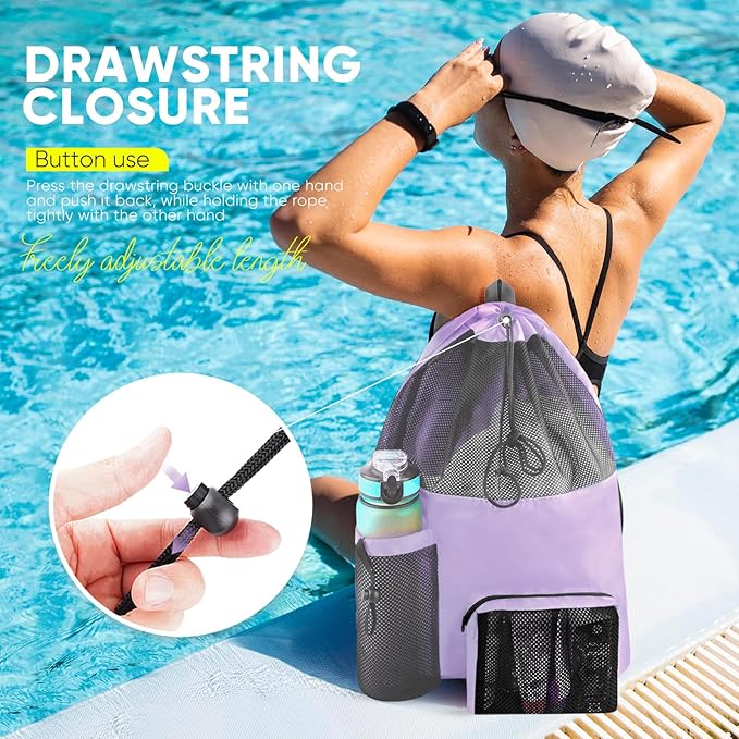 Swim Mesh Beach Bag, Waterproof Gym Bags for Women and Men, Large Pool Bag Swimming Gear Drawstring Backpack