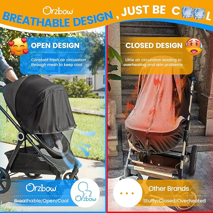 Orzbow Baby Mosquito Net with Sun Shade UPF50+ for Stroller, Universal Stroller Mosquito Netting Privacy Cover with Two-Way Zipper and Storage Bag for Car Seats, Bassinets, Cradles, Mini Cribs, Black