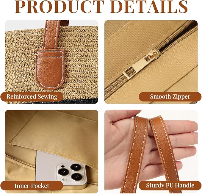 Trifabricy Beach Bags for Women, Summer Straw Beach Bag Straw Purse Shoulder Handbags Large Beach Tote for Summer Vacation