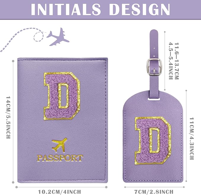 COSHAYSOO Initial Passport Cover Luggage Tag Set Letter Passport Holder Airplane Cruise Travel Essentials Vacation Traveling Accessories Personalized Gifts for Women Teen College Girls Purple D