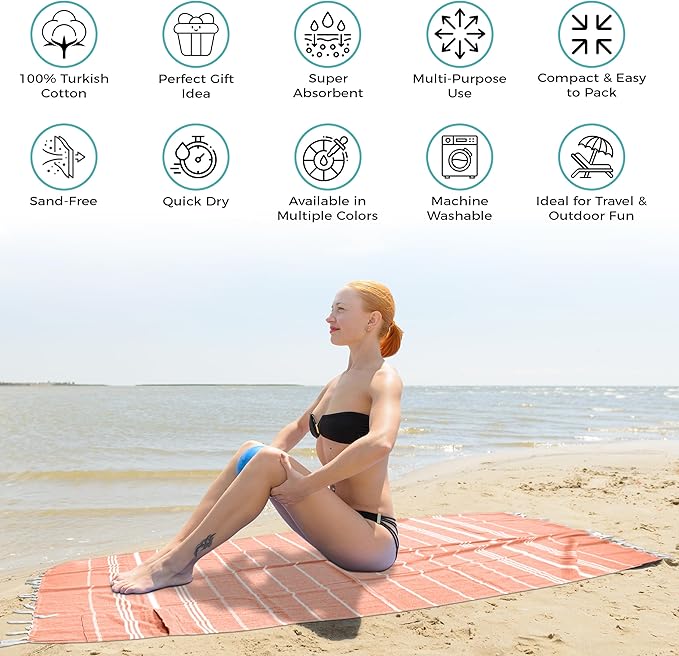 Turkish Beach Towel with Hidden Zipper Pocket 100% Cotton Oversized 72 x 37 Inches Quick Dry Sand Free Lightweight Compact for Beach, Pool, Travel, Bath, and Yoga (Light Orange)