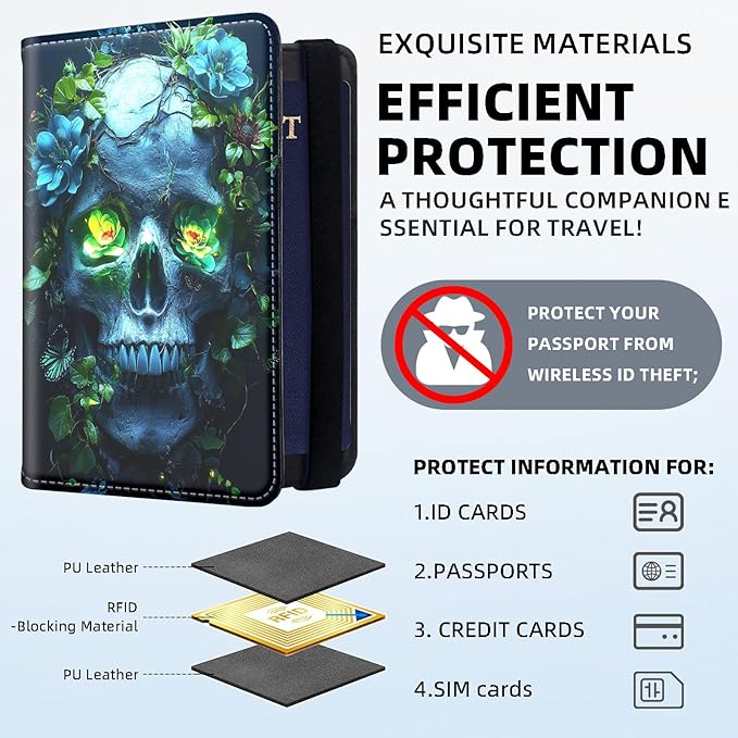 Passport Holder for Travel, RFID Blocking Passport Holder Travel Walle, Passport and Vaccine Card Holder, Vacation Must Haves Travel Accessories for Men Women, Skull Green Flowers