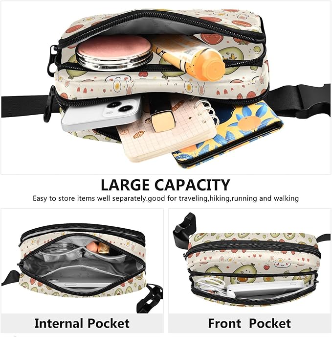 Kawaii Avocado Rabbit Rainbow Fanny Pack for Women Men Water Resistant Fashion Waist Packs with Adjustable Strap Belt Bag for Travel Workout Jogging Hiking 21219084