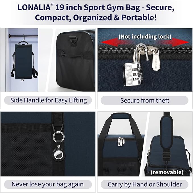 35L Sports Gym Duffle Bag - 19 inch Weekender Duffel for Workout, Basketball, Fitness, Training (Navy Blue)