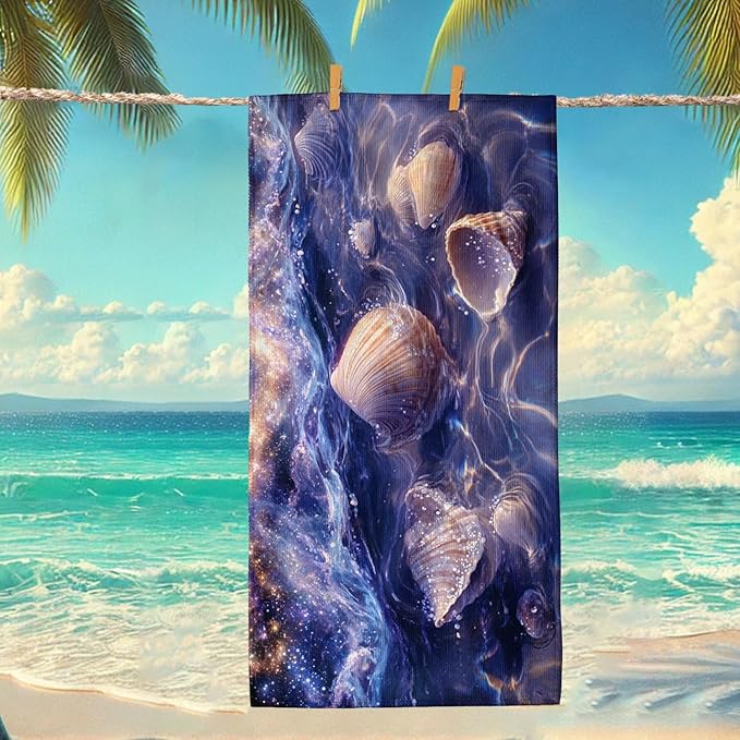 Galactic Shells Microfiber Beach Towel Violet Ocean Shell Design, Quick Dry Absorbent Soft Sand Free Lightweight Travel Blanket, Beach Pool Vacation Essentials 62x31 Inch