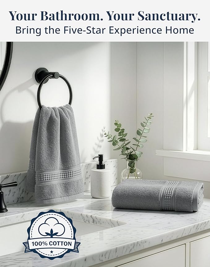 Grey Hand Towels for Bathroom - Pack of 6 (16" x 28") - 100% Cotton Double Stitched Edges - Ultra Soft, Quick Dry & Highly Absorbent - Everyday Comfort Hand & Face Towels for Family and Gym Use - Grey
