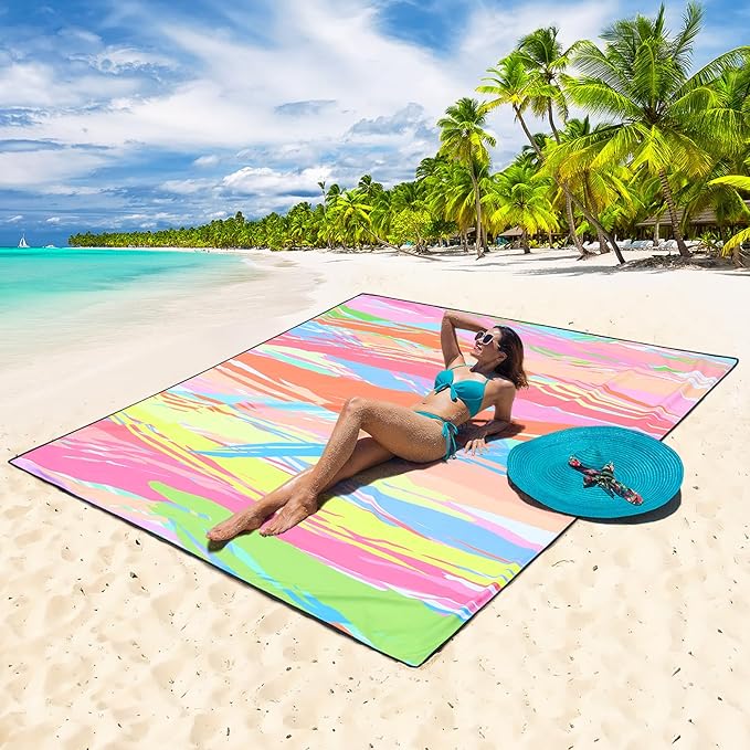 Beach Blanket Waterproof Sandproof Beach Mat for 1-8 Adults Quick Drying Durable Outdoor Picnic Mat for Beach Festival Travel Camping Hiking (Colorful Stick, 79"×83"(4 Person))
