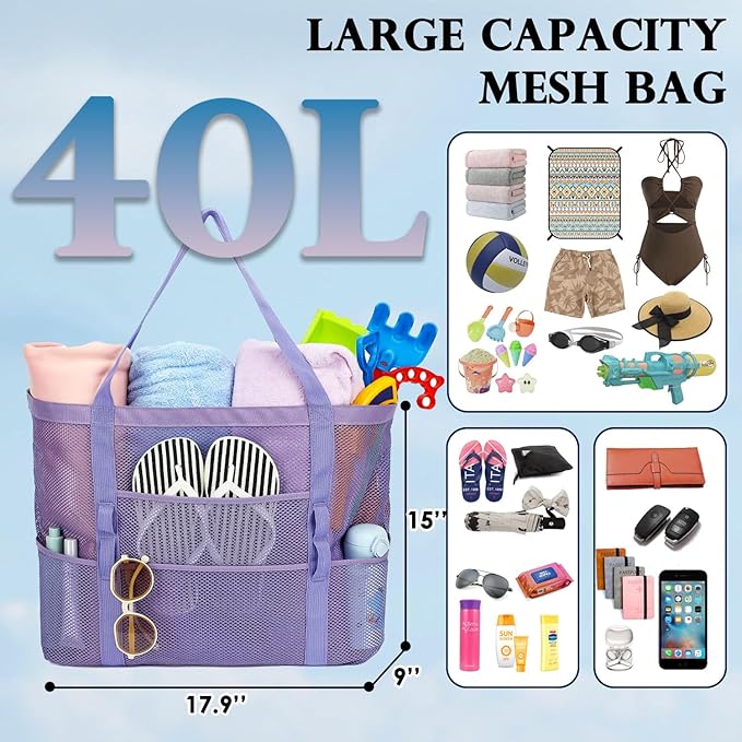 Mesh Beach Bag, Large Beach Tote with Zipper Pocket, Toys Pool Bag for Family Travel Vacation Cruise Essentials
