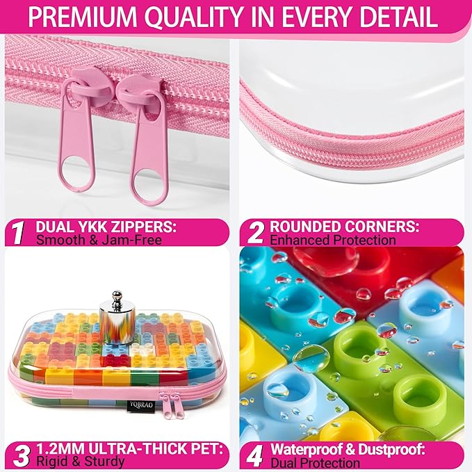 6 Pack Clear Hard Shell Zipper Case, Hard Plastic Organizer Pouches for Travel, Small Items, Makeup, Electronics & Art Supplies - Crush-Resistant & Waterproof Storage (Pink)