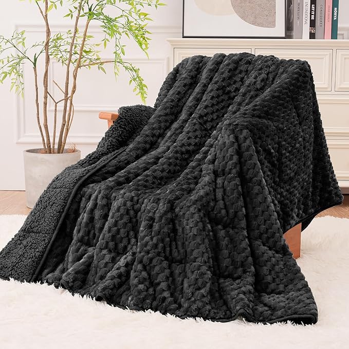 Super Soft Luxury Fleece Sherpa Weighted Blanket 15lbs for Adults, Turtle Shell Fluffy Cozy Warm Queen Size Weighted Throw, Ceramic Beads Washable Heavy Blankets for Couch Bed, Black, 60" x 80"