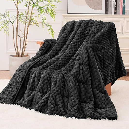 Super Soft Luxury Fleece Sherpa Weighted Blanket 15lbs for Adults, Turtle Shell Fluffy Cozy Warm Queen Size Weighted Throw, Ceramic Beads Washable Heavy Blankets for Couch Bed, Black, 60" x 80"