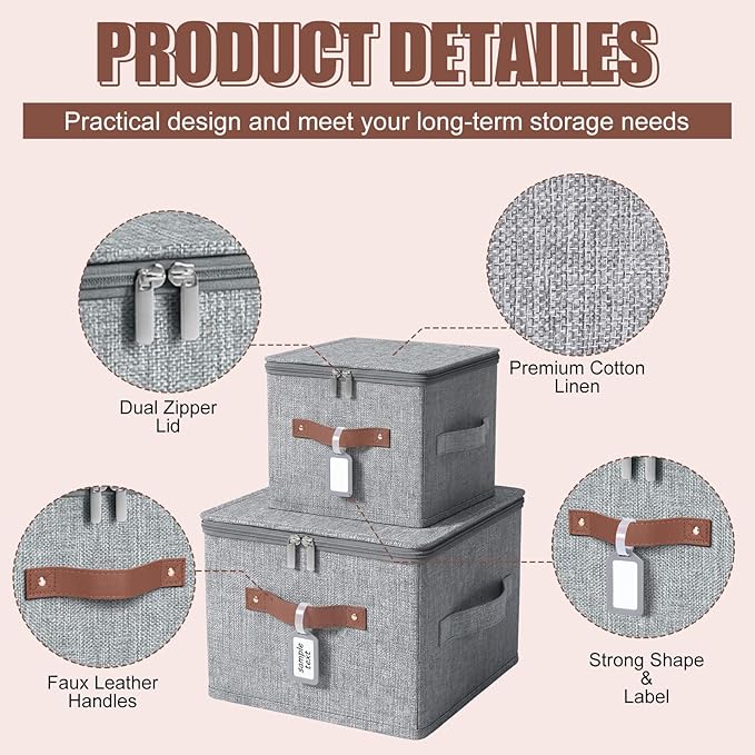6 Pack 15 Inch Fabric Closet Storage Bins with Lids, 15x10x10In Large Foldable Cotton Linen Storage Cubes Boxes with PU Handle & Label Holder for Bedroom Organization, Shelf, Nursery, Gray