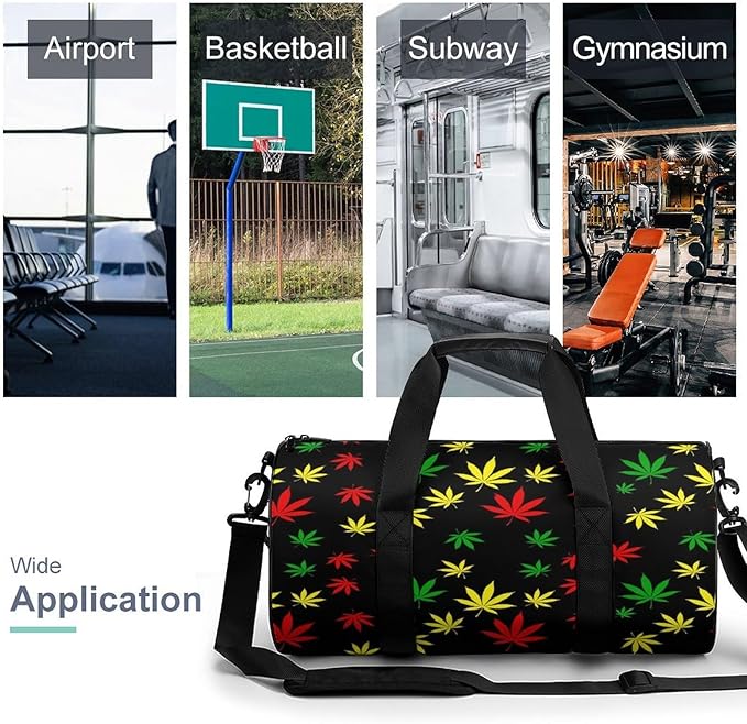 Foldable Gym Bag Rasta Flag Red Yellow Green Jamaican Weedleaf Leaves Black Lightweight Travel Sports Bag Carry On Weekender Overnight Bags Beach Yoga Bags