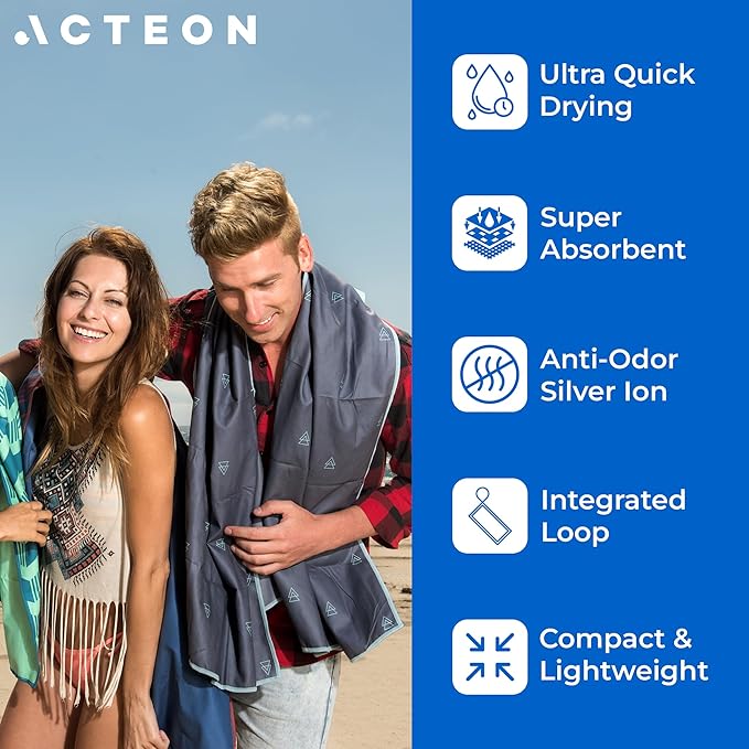 Acteon Large Microfiber Beach Towel, 64" x 30" Quick Dry Odor-Free Technology, Men & Women Fast Drying Absorbent Swim Towels for Swimmers, Sand, Pool, Travel, Hiking, Gym, Camping, Bath