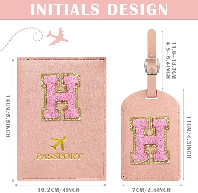 COSHAYSOO Initial Passport Cover Luggage Tag Set Pink Passport Holder, Airplane Cruise Travel Essentials Vacation Traveling Accessories Personalized Gifts for Women Teen College Girls Letter H