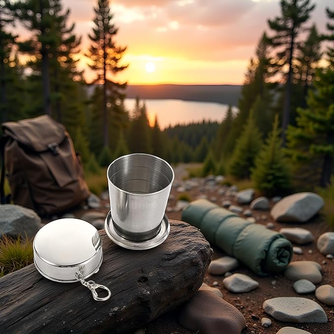 1Pc Silver Stainless Steel Folding Camping Mug Collapsible Portable Cup with Keychain for Outdoor Activities Hiking Picnic(Large), Camp Kitchen