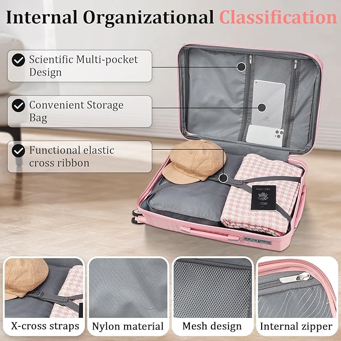 4 Piece Carry On Luggage Set 20 Inch, Expandable PP Hardshell Suitcase with Detachable Spinner Wheels & TSA Lock, Includes Cosmetic Case, Travel Tote & Toiletry Bag, Lightweight (Pink)