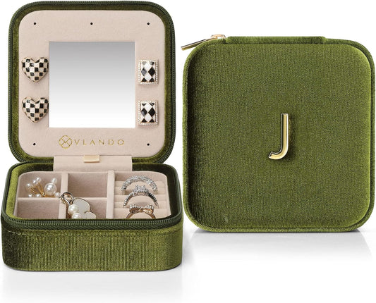 Vlando Plush Velvet Travel Jewelry Case, Personalized Initial Jewelry Boxes for Women Girls, Mini Jewelry Travel Organizer Travel Essentials for Birthday Gifts - Letter J, Green