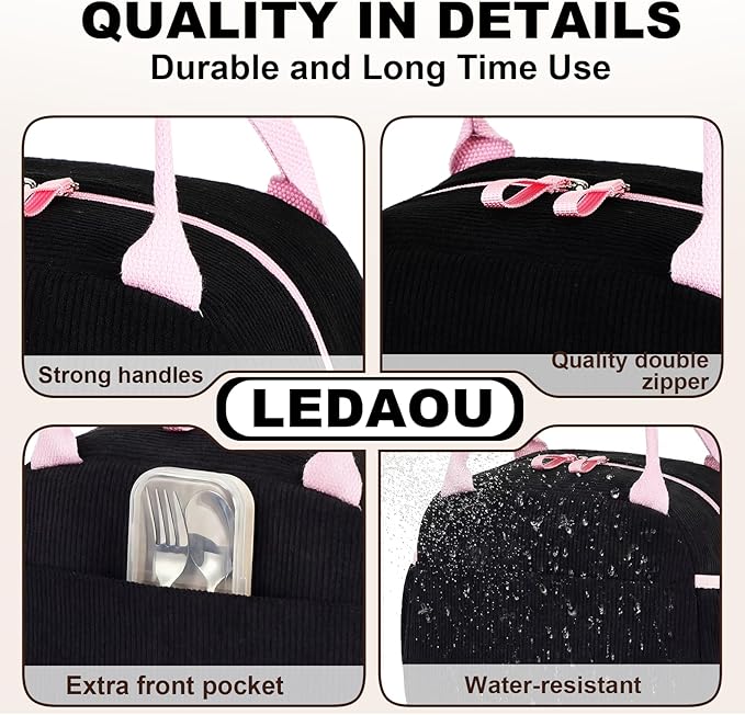 LEDAOU Lunch Box for Women Insulated Lunch Bag Cute Lunchbox Compact Cooler Thermal Reusable Lunch Tote for Work School Picnic Travel (Black-Pink)