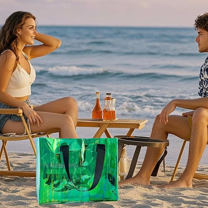 Holographic PVC Beach Bag Waterproof - 18×13×6inch Large Clear Tote for Women Men Pool Travel Sandproof Carry All