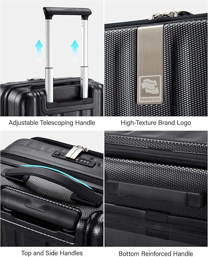 Hanke 16 Inch Expandable Under Seat Luggage with Wheels Top Opening Small Suitcase with Wheels Carry On Luggage Airline Approved Lightweight Hard Shell Suitcases for Weekender Overnight-Jet Black