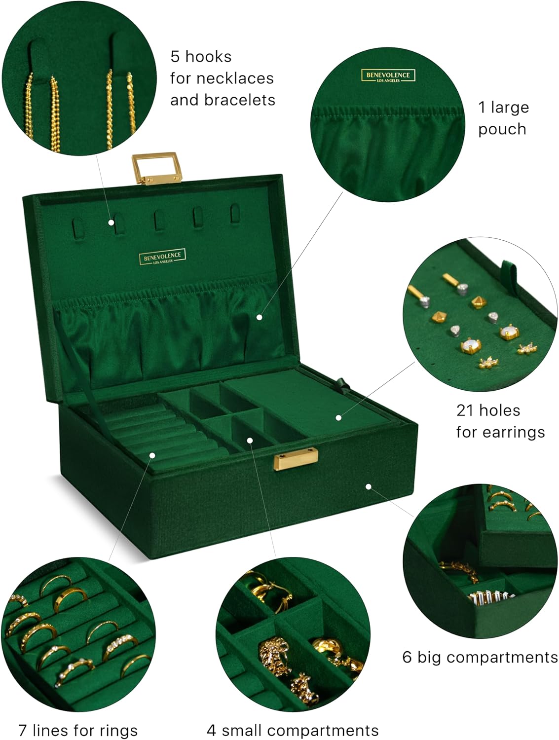 Benevolence LA 2 Layer Jewelry Box for Women, Large Velvet Jewelry Organizer with Decorative Lock, Removable Jewelry Tray, Earrings, Bracelets, Rings and Necklace Storage Box - Emerald