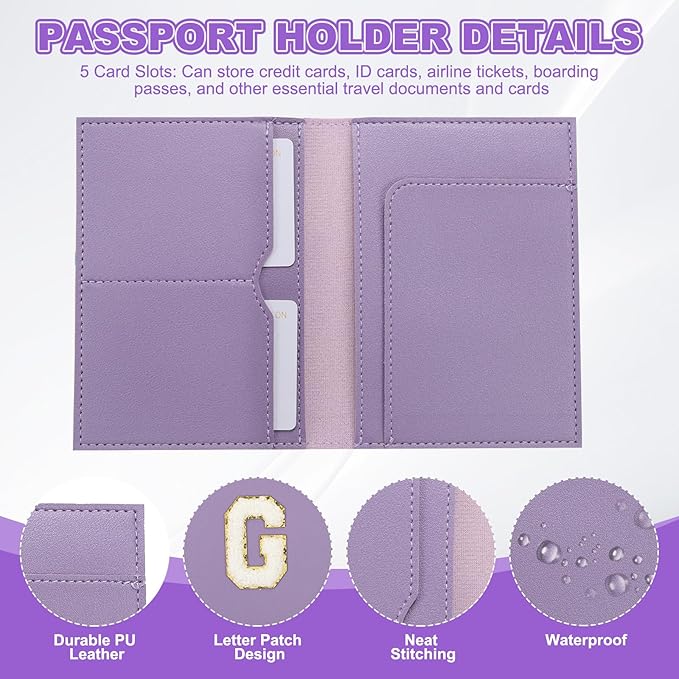 PATIKIL Passport Holder for Travel, Initial Passport Cover and Luggage Tag Set with Alphabet Chenille Letter Patch Travel Wallet Bag Suitcase Identifier for Women Family Travel Purple G